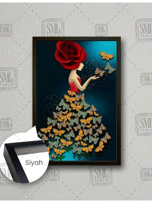 SML Tablo Gül Saçlı Kelebek Kadın Altın Gold Dikey Çerçeveli Kanvas Tablo