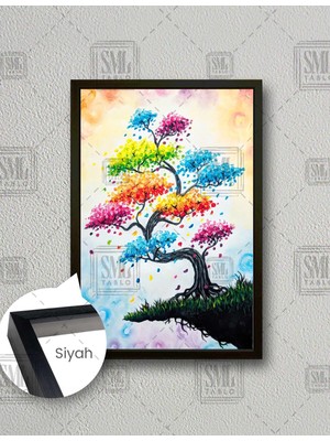 SML Tablo Painting Bonsai Rengarenk Renkli Yapraklı Ağaç Manzara Doğa Dikey Çerçeveli Kanvas Tablo