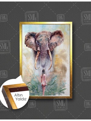 SML Tablo Filin Önünde Duran Çıplak Elinde Ok Tutan Avcı Kadın Dikey Çerçeveli Kanvas Tablo