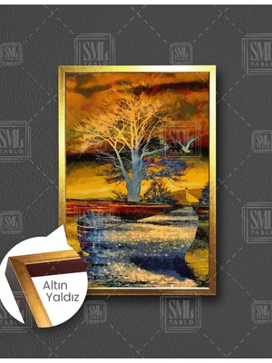 SML Tablo Yağlı Boya Efektli Sandal Doğa Manzara Dikey Çerçeveli Kanvas Tablo