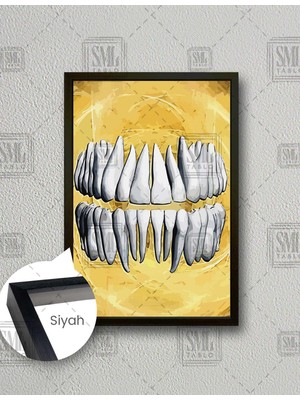 SML Tablo Diş Polikiliniği Dekor Ağız Sağlığı Dental Beyaz Dişler Dikey Çerçeveli Kanvas Tablo