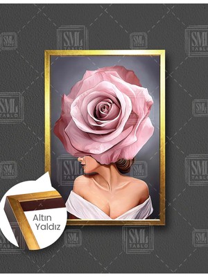 SML Tablo Gül Saçlı Kadın Rose Pembe Dikey Çerçeveli Kanvas Tablo