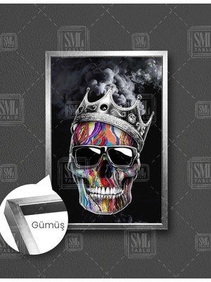 SML Tablo Renkli Surat Gözlük Takmış Kurukafa Taç Duman Skull Dikey Çerçeveli Kanvas Tablo