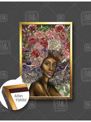 SML Tablo Renkli Çiçek Kafalı Afrikalı Kadın African Woman Dikey Çerçeveli Kanvas Tablo