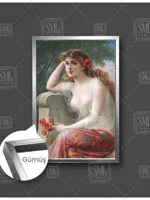 SML Tablo Nü Kadın Bahçedeki Kadın Kırmızı Gelincik Çiçeği Masumiyet Dikey Çerçeveli Kanvas Tablo