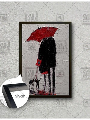 SML Tablo Kırmızı Şemsiye Altında Yağmurda Yürüyen Çift Aşk Love Hayvan Manzara Dikey Çerçeveli Kanvas Tablo