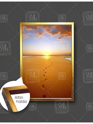 SML Tablo Kumsalda Ayak Izi Gün Batımı Doğa Manzara Sahil Dikey Çerçeveli Kanvas Tablo