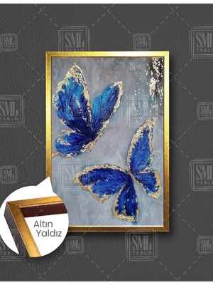 SML Tablo Altın Kanatlı Uçan Mavi Kelebekler Hayvan Doğa Dekor Dikey Çerçeveli Kanvas Tablo