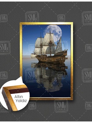SML Tablo Yelkenli Gemi Tablosu Ay Yansıma Deniz Manzara Dikey Çerçeveli Kanvas Tablo