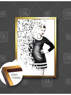 SML Tablo Siyah Beyaz Kadın Model Yaprak Modern Dikey Çerçeveli Kanvas Tablo