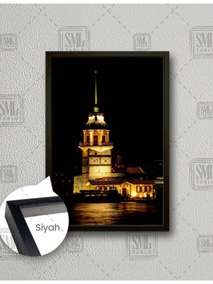 SML Tablo Kız Kulesi Istanbul Gece Manzara Sarı Işık Dikey Çerçeveli Kanvas Tablo