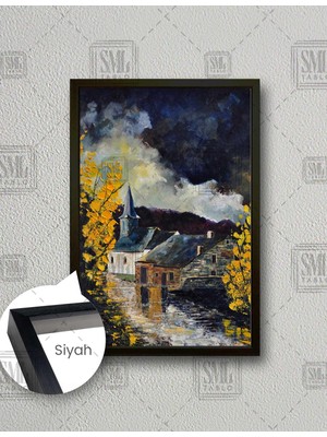 SML Tablo Sarı Çiçekler Içindeki Orman Evi Doğa Manzara Yağlı Boya Efektli Dikey Çerçeveli Kanvas Tablo