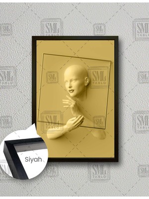SML Tablo Altın Kare Tutmuş Kadın Heykel Gold Dekor Dikey Çerçeveli Kanvas Tablo