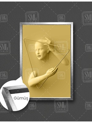 SML Tablo Altın Üçgen Tutmuş Kadın Heykel Gold Dekor Dikey Çerçeveli Kanvas Tablo