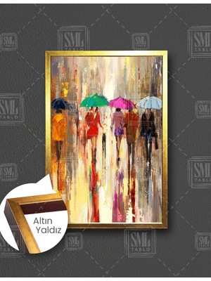 SML Tablo Sokak Yürüren Renkli Şemsiyeli Insanlar Yağmur Dikey Çerçeveli Kanvas Tablo