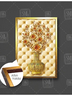 SML Tablo Altın Vazodaki Çiçek Gold Modern Şık Dikey Çerçeveli Kanvas Tablo
