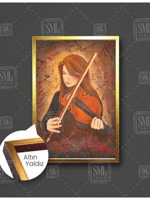 SML Tablo Keman Çalan Kız Müzik Yağlı Boya Efektli Dikey Çerçeveli Kanvas Tablo