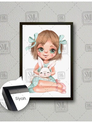 SML Tablo Mavi Yeşil Kurdelalı Kucağında Tavşan Tutan Kız Çizgi Film Karakteri Çocuk Odası Dekor Dikey Çerçeveli Kanvas Tablo