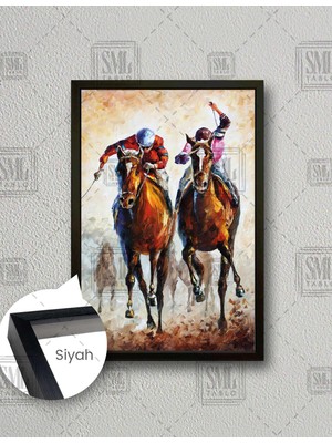 SML Tablo Koşu Atları Jokeyler At Yarışı Lüks Dekor Dikey Çerçeveli Kanvas Tablo