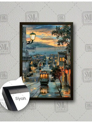 SML Tablo Gün Batımı Nostalji Sokak Tramvay Aşk Love Romantik Şehir Dikey Çerçeveli Kanvas Tablo
