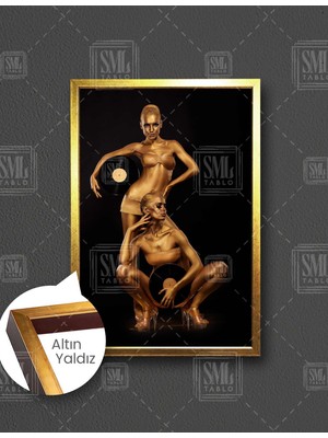 SML Tablo Altın Vücutlu Kadın Modeller Plak Müzik Woman Makyaj Dikey Çerçeveli Kanvas Tablo