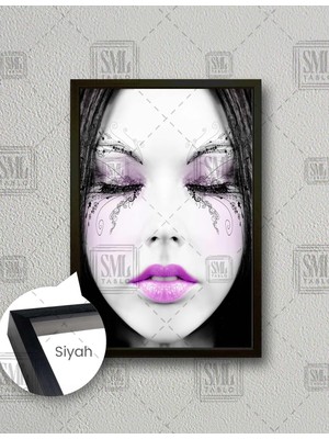 SML Tablo Pembe Rujlu Gözü Kapalı Kadın Model Damask Woman Dikey Çerçeveli Kanvas Tablo