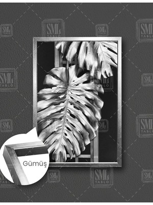 SML Tablo Gümüş Renkli Modern Tropikal Yaprak Dekoratif Dikey Çerçeveli Kanvas Tablo