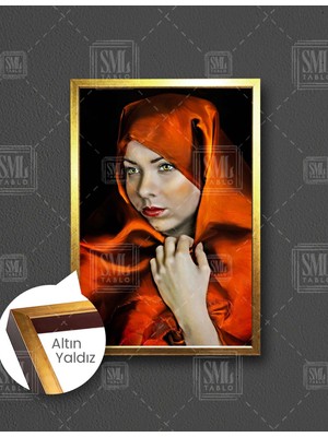 SML Tablo Kırmızı Örtülü Kadın Şal Ruj Dikey Çerçeveli Kanvas Tablo