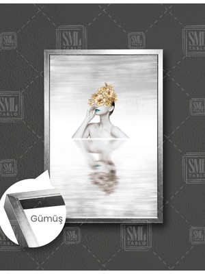 SML Tablo Altın Çiçek Kafalı Yüzen Kadın Modern Dikey Çerçeveli Kanvas Tablo