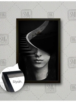 SML Tablo Sürrealizm Merdiven Kafalı Kadın Dikey Çerçeveli Kanvas Tablo