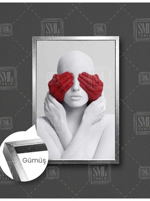 SML Tablo Kırmızı Eldiven Gözü Kapalı Heykel Dekor Dikey Çerçeveli Kanvas Tablo