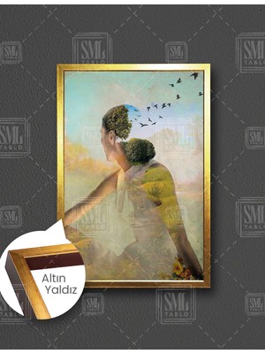 SML Tablo Sürrealizm Doğa Kadın Uçan Kuşlar Dikey Çerçeveli Kanvas Tablo