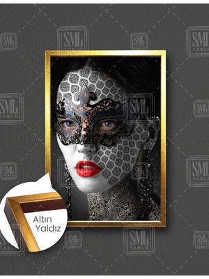 SML Tablo Maskeli Kadın Model Damask Makyajlı Dikey Çerçeveli Kanvas Tablo