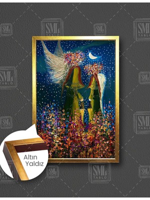 SML Tablo Ay Işığı Altındaki Çiçek Kafalı Melekler Woman Gece Yağlı Boya Efektli Dikey Çerçeveli Kanvas Tablo