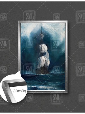 SML Tablo Dalgalar Içindeki Beyaz Yelkenli Gemi Uçan Kuşlar Deniz Manzarası Doğa Dikey Çerçeveli Kanvas Tablo