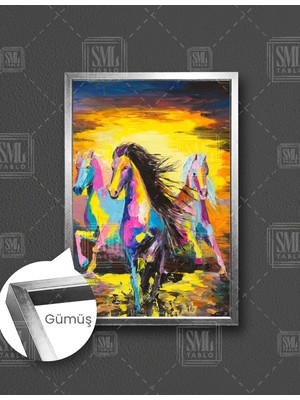 SML Tablo Yağlı Boya Efektli Atlar Asalet Hayvan Doğa Manzara Dikey Çerçeveli Kanvas Tablo