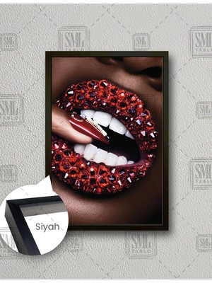 SML Tablo Kırmızı Rujlu Pırlanta Dudaklı  Kadın Öpücük Makyaj Dekor Dikey Çerçeveli Kanvas Tablo