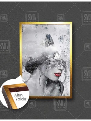 SML Tablo Kırmızı Rujlu Dağ Saçlı Kadın Başında Bulutlar Dikey Çerçeveli Kanvas Tablo