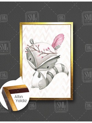 SML Tablo Çiçek Taçlı Rakun Yavrusu Renkli Çizgifilm Karakteri Çocuk Odası Dekor Dikey Çerçeveli Kanvas Tablo