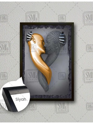 SML Tablo Birbirine Sarılan Öpüşen Metal Altın Çift Aşk Love Gold Dekor Dikey Çerçeveli Kanvas Tablo