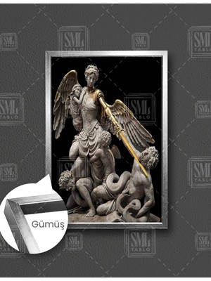 SML Tablo Elinde Altın Kılınçlı Melek Heykeli Mikail Yunan Mitolojisi Dekor Dikey Çerçeveli Kanvas Tablo