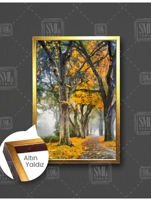SML Tablo Sonbahar Dökülen Yapraklar Içindeki Orman Yolu Doğa Manzara Dikey Çerçeveli Kanvas Tablo