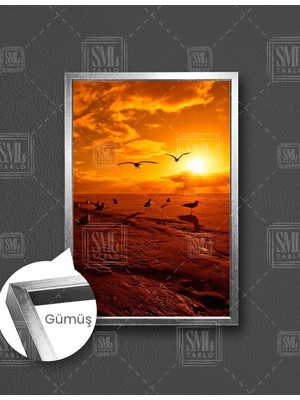 SML Tablo Gün Batımı ve Martılar Güneş Manzara Doğa Dikey Çerçeveli Kanvas Tablo