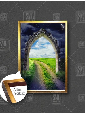 SML Tablo Gece Gündüz Doğaya Açılan Kapı Manzara Dikey Çerçeveli Kanvas Tablo