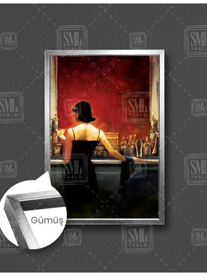 SML Tablo Barda Içki Içen Kadın Sırttı Dönük Siyah Elbiseli Dikey Çerçeveli Kanvas Tablo