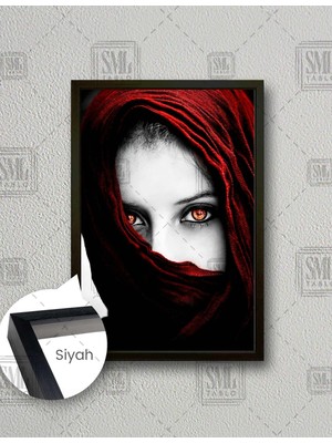 SML Tablo Kırmızı Eşarplı Kadın Gözleri Kızıl Woman Dekor Dikey Çerçeveli Kanvas Tablo