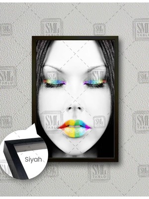 SML Tablo Gökkuşağı Makyajlı Gözü Kapalı Kadın Model Dikey Çerçeveli Kanvas Tablo