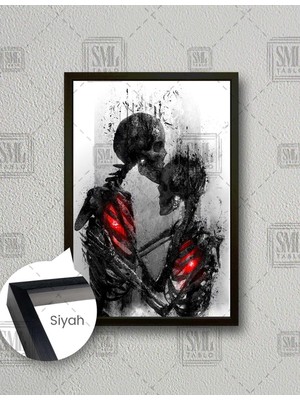 SML Tablo Birbirine Sarılmış Kalpleri Parlıyan Iskletlet Aşıklar Love Kurukafa Dikey Çerçeveli Kanvas Tablo