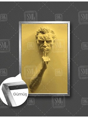 SML Tablo Sus Işareti Yapan Heykel Kabartma Mermer Adam Dikey Çerçeveli Kanvas Tablo