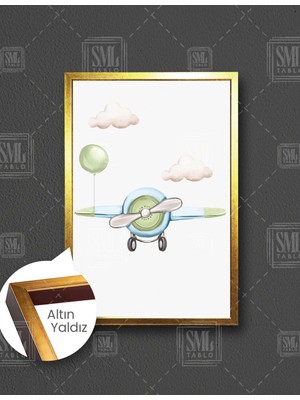 SML Tablo Bulutlar Uçak Yeşil Balon Çizgi Film Karakteri Çocuk Odası Dekor Dikey Çerçeveli Kanvas Tablo